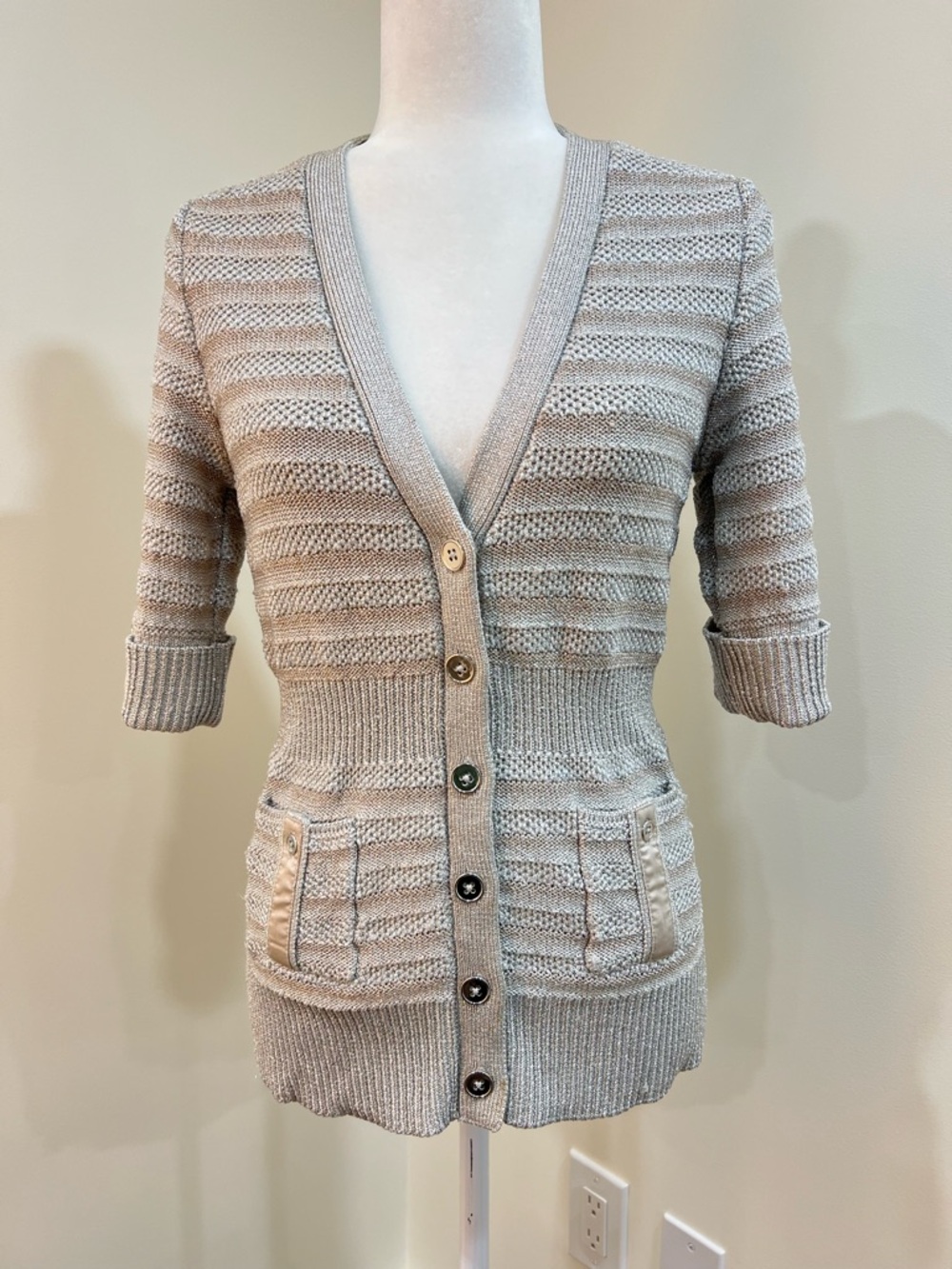 WHBM White House Black‎ Market Silver Metallic Knit Cardigan Sweater Top Medium
